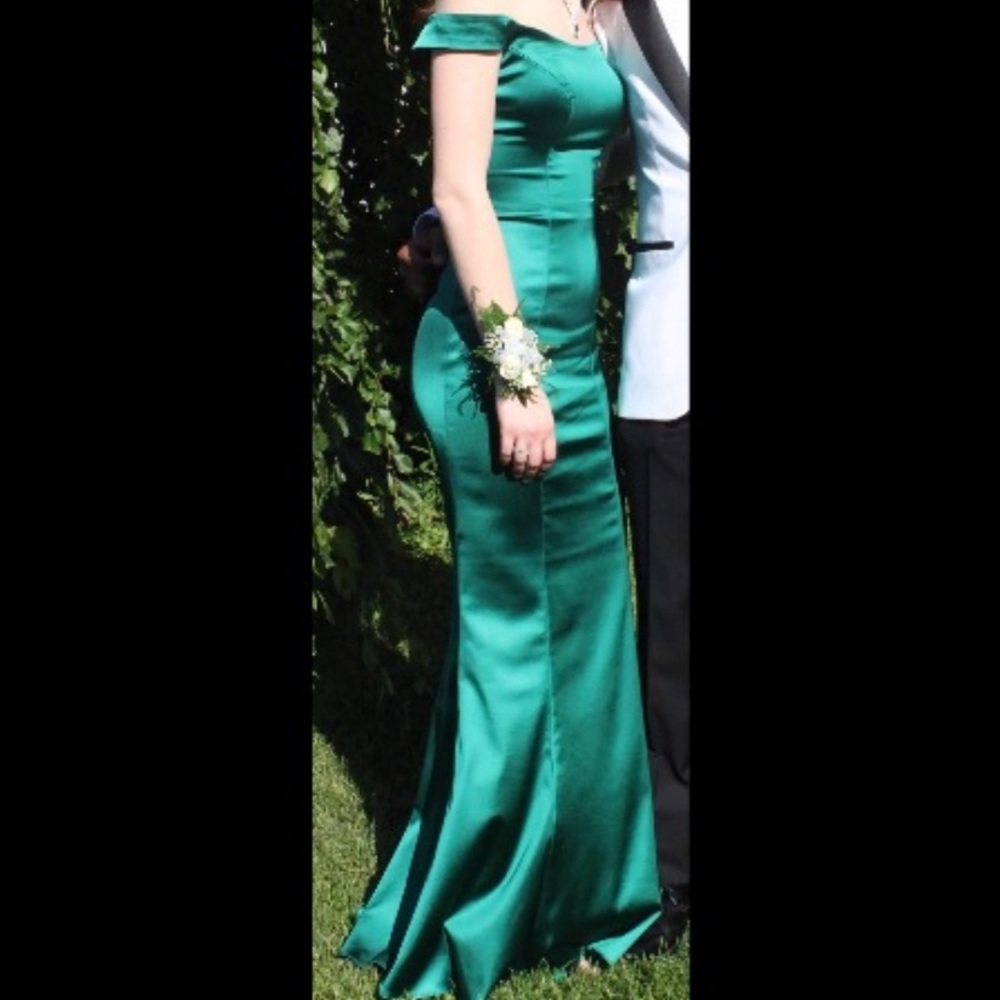 Green Satin Formal off the shoulder Prom Dress